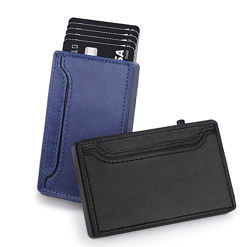 Tarjetero TOYFID de Aluminio con Funda de Piel PU · Expulsor Automático y Bloqueo RFID