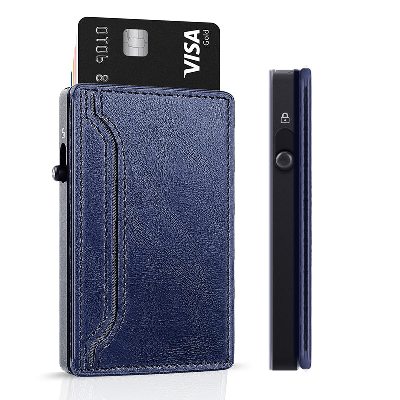 Tarjetero TOYFID de Aluminio con Funda de Piel PU · Expulsor Automático y Bloqueo RFID