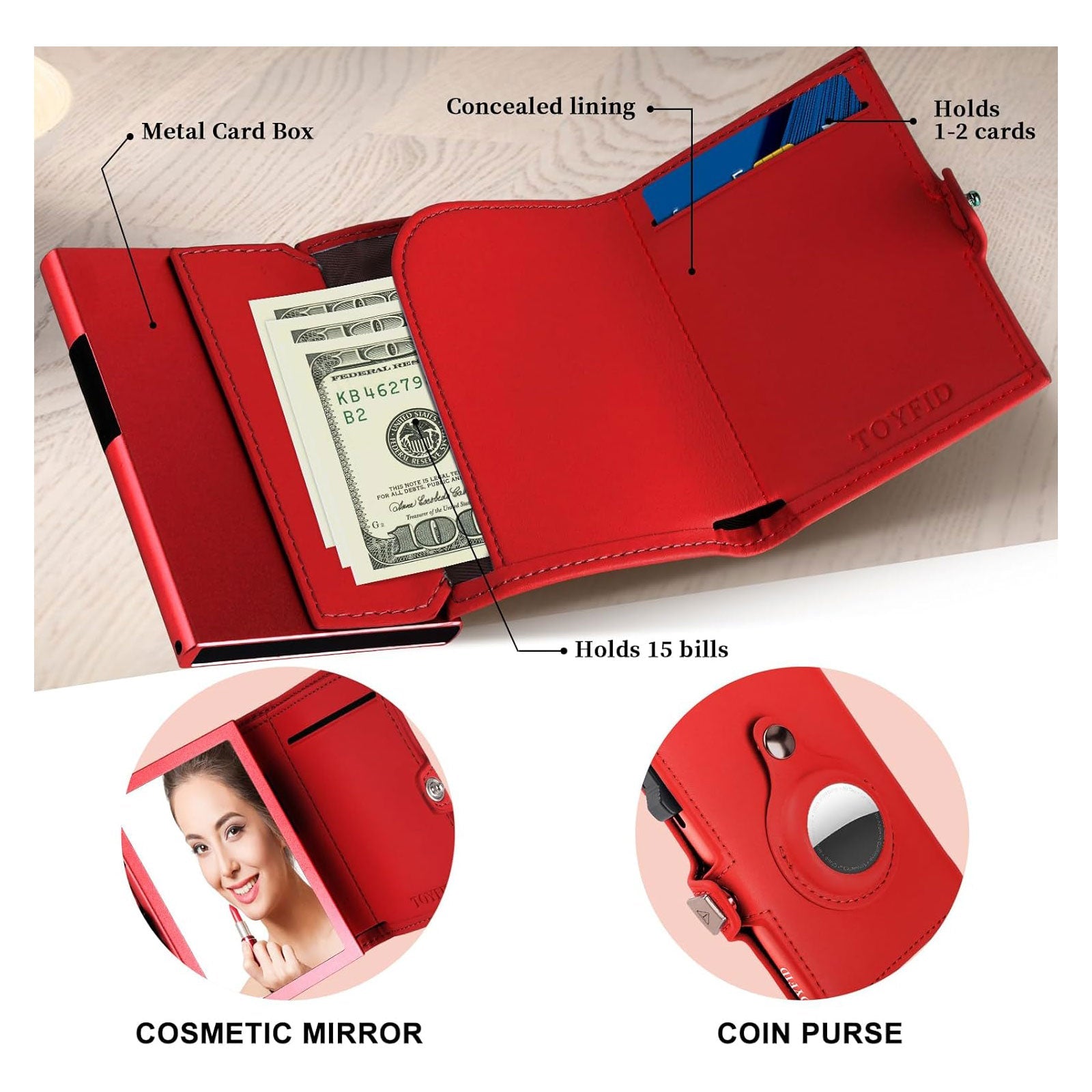 Cartera de Piel para Mujer TOYFID · Espejo y Hueco para AirTag