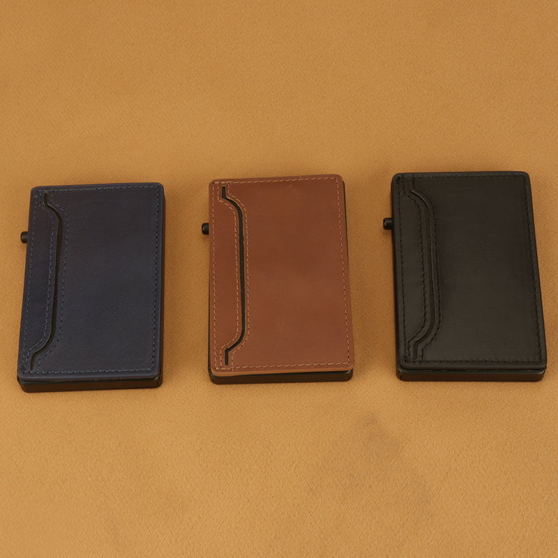Tarjetero TOYFID de Aluminio con Funda de Piel PU · Expulsor Automático y Bloqueo RFID